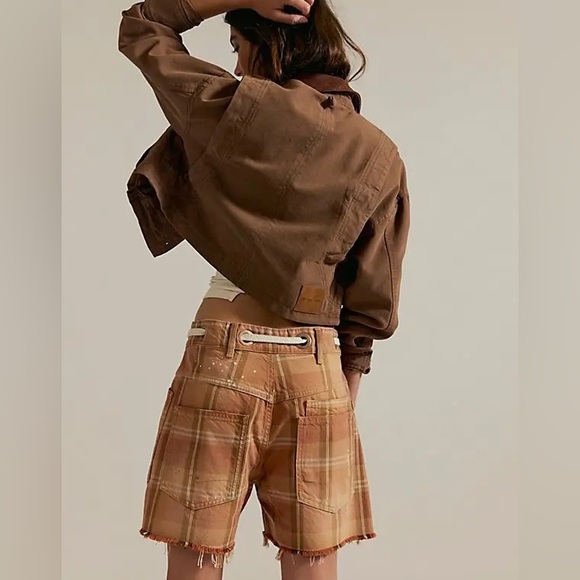 FREE PEOPLE Moxie Barrel Denim Shorts Rust Plaid NWT We The Free - Picture 3 of 13